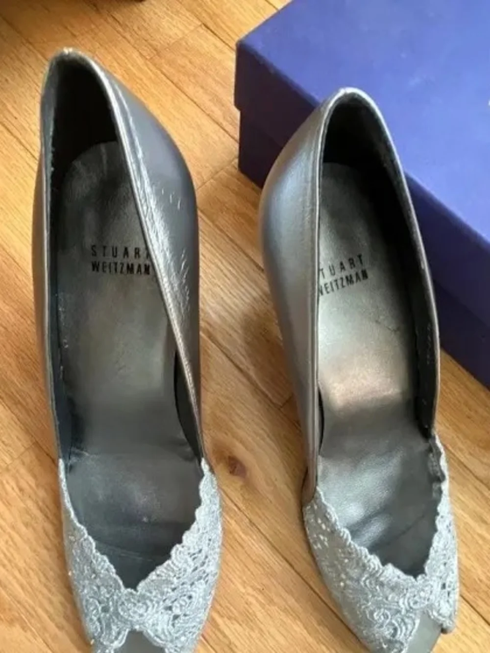 Stuart Weitzman Silver Lace Peep-Toe Heel